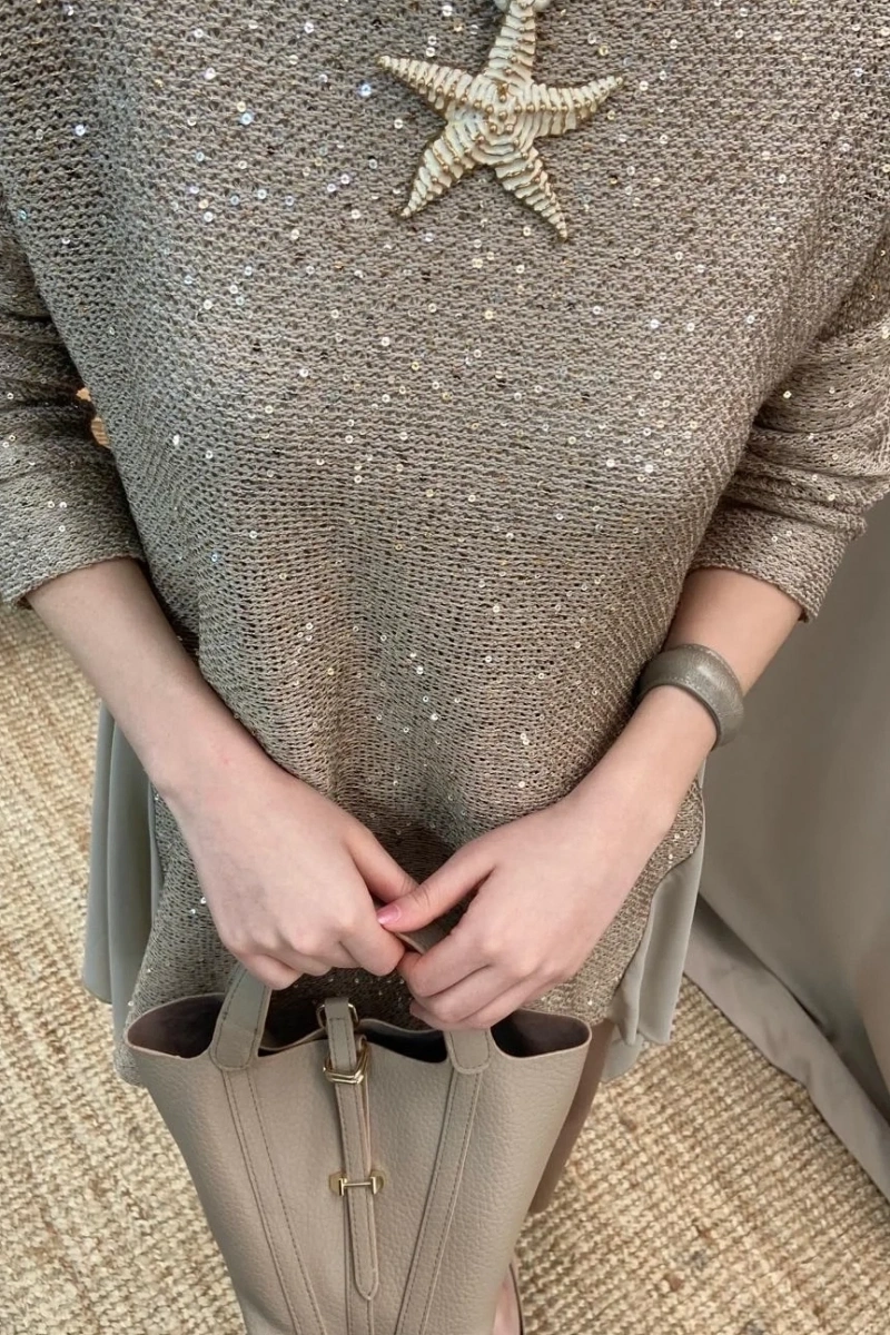 Gümüş Pullu Şifonlu Tunik - Bej