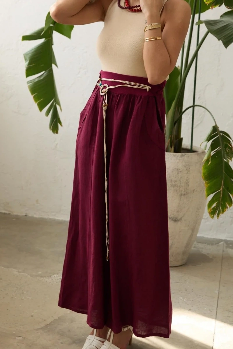 Kadın Fitilli Lastikli Keten Pantolon - Bordo