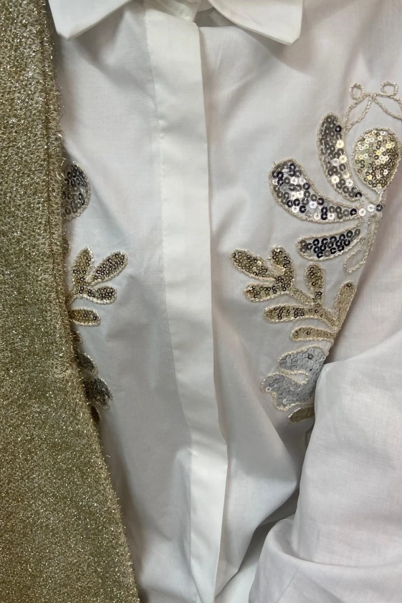 Kadın Gold Gümüş Pullu Poplin Gömlek - Beyaz