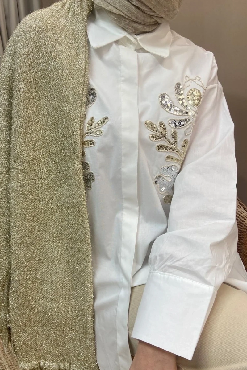 Kadın Gold Gümüş Pullu Poplin Gömlek - Beyaz