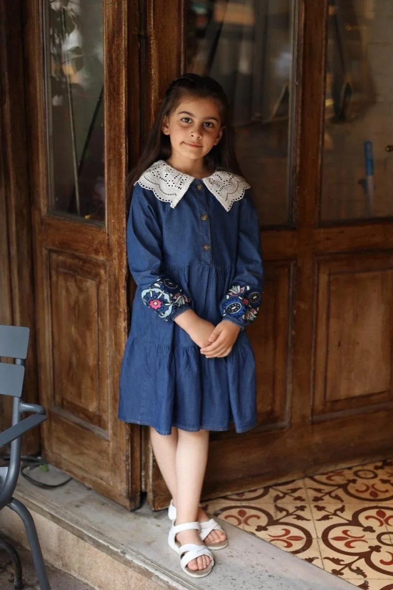 Çocuk Kot Elbise Beyaz Yakalı - Koyu Mavi