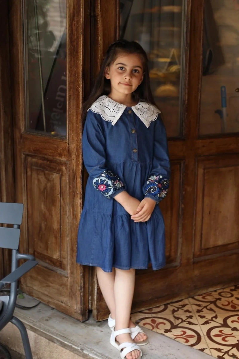 Çocuk Kot Elbise Beyaz Yakalı - Koyu Mavi