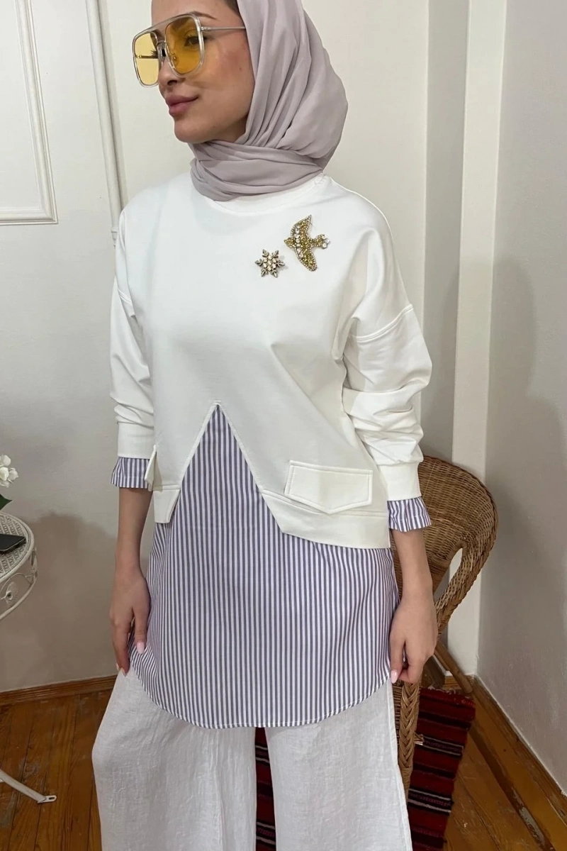 Kadın Cep Detaylı Lila Çizgili Sweat - Beyaz