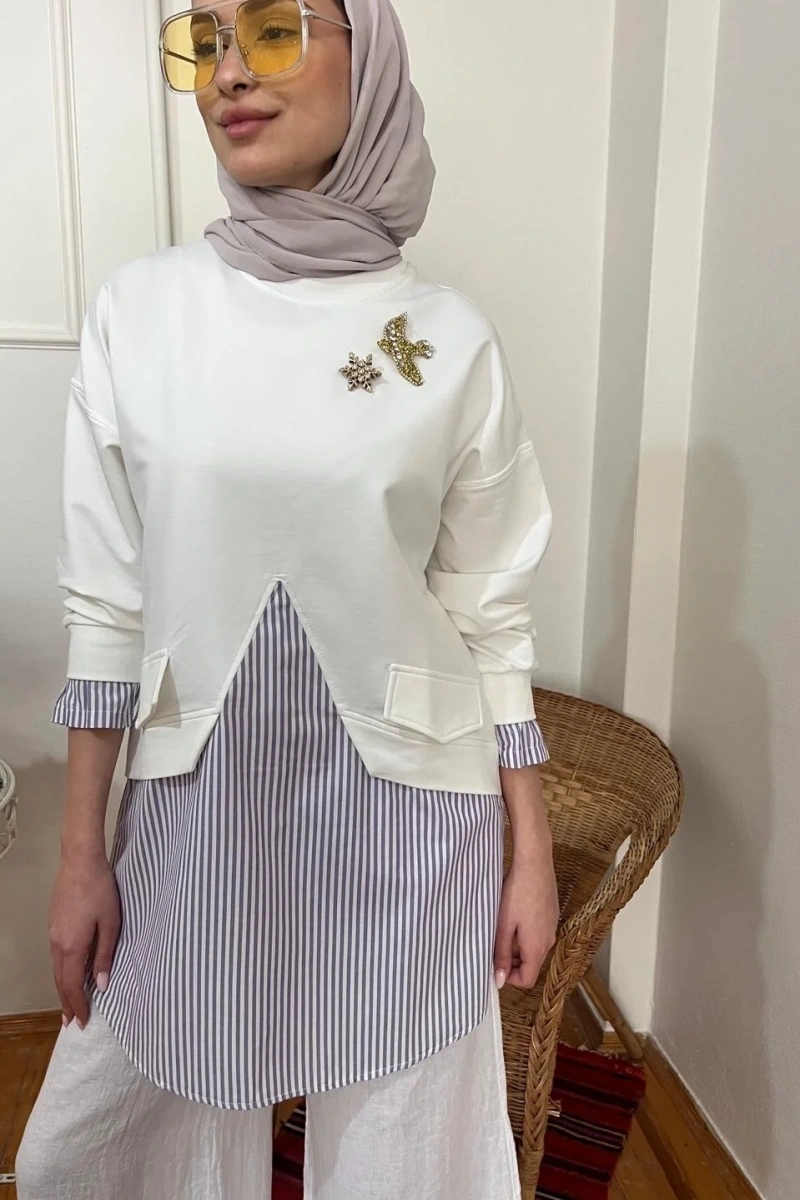 Kadın Cep Detaylı Lila Çizgili Sweat - Beyaz