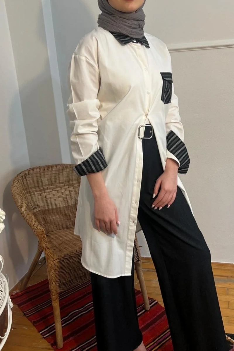 Kadın Oduncu Siyah Yakalı Gömlek - Ekru