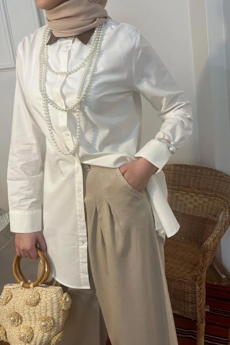 Kadın Kahve Deri Yakalı Gömlek - Ekru