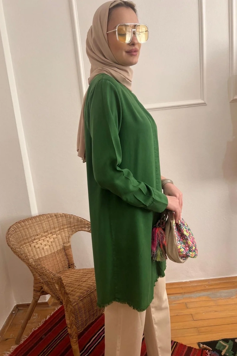 Kadın Tensel Püsküllü Tunik - Yeşil