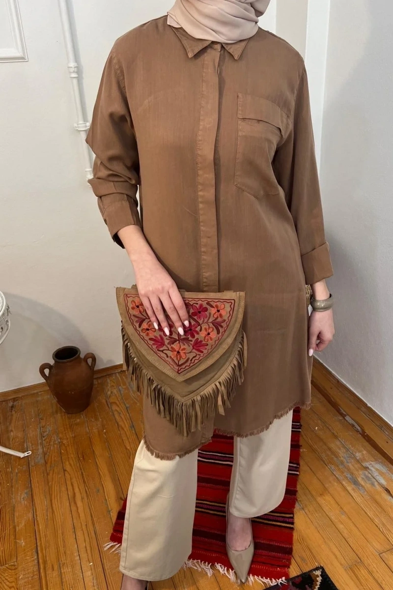 Kadın Tensel Püsküllü Tunik- Cappucinno