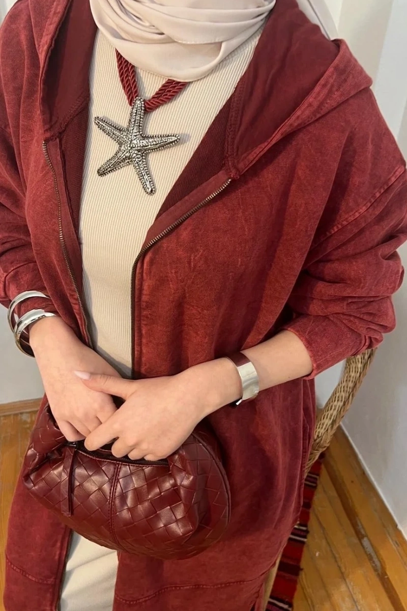 Kadın Kapüşonlu Yıkama Efektli Kap - Bordo