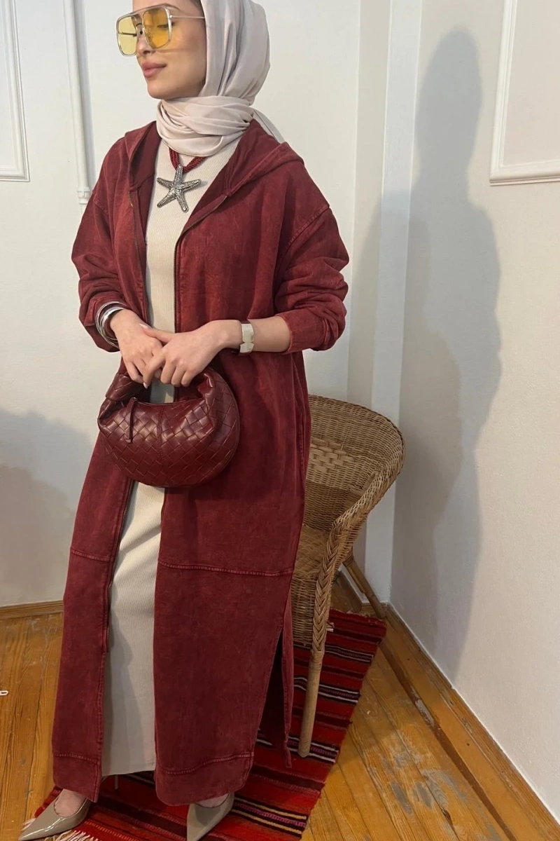 Kadın Kapüşonlu Yıkama Efektli Kap - Bordo