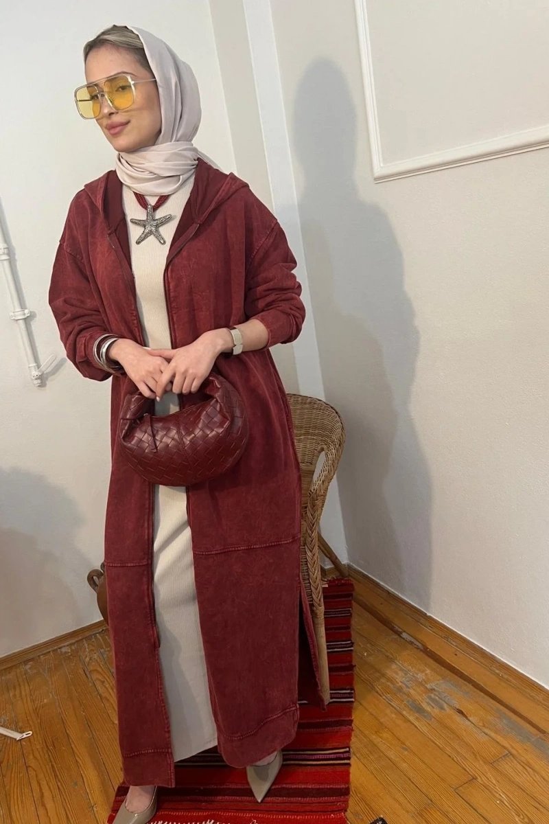 Kadın Kapüşonlu Yıkama Efektli Kap - Bordo