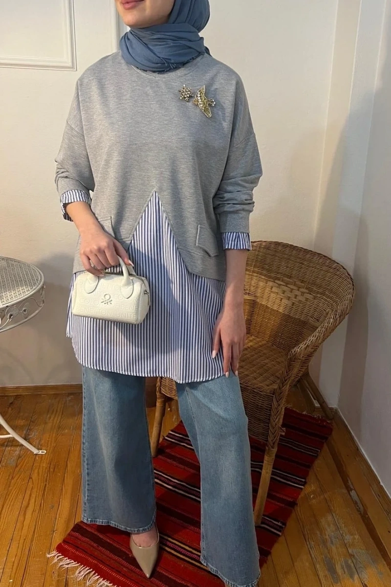 Kadın Cep Detaylı Mavi Çizgili Sweat - Gri