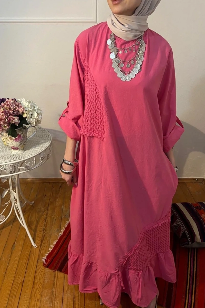 Kadın Örgü Detaylı Pamuk Elbise - Pembe