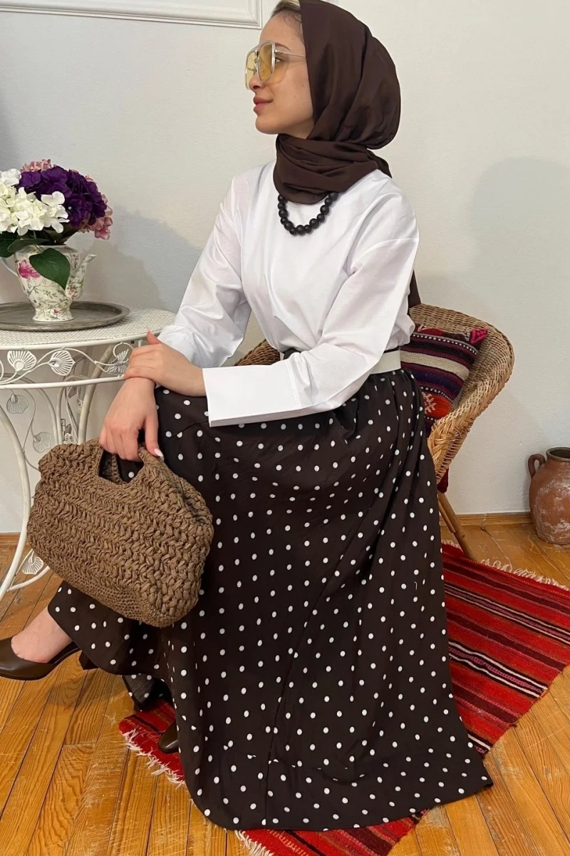 Kadın Puantiyeli Etek - Kahve