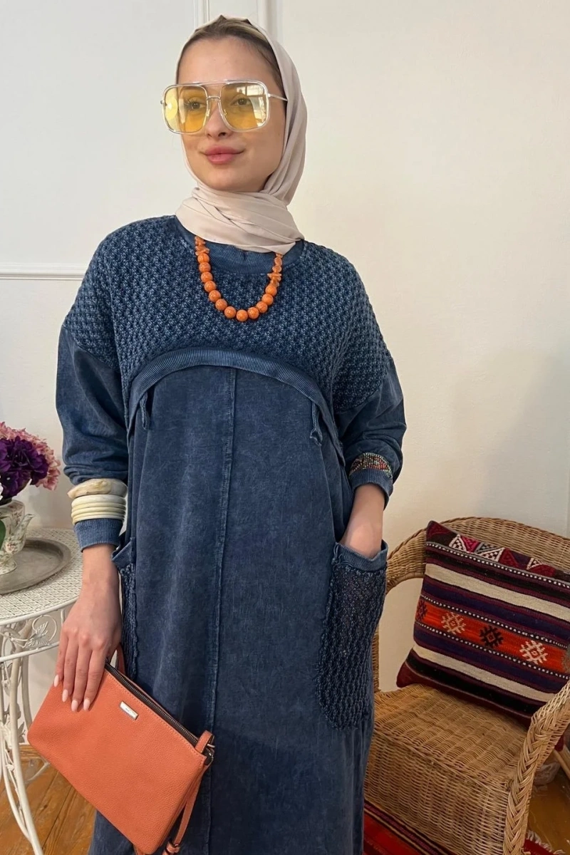 Kadın Örgü Bolero Elbise Takım - Lacivert