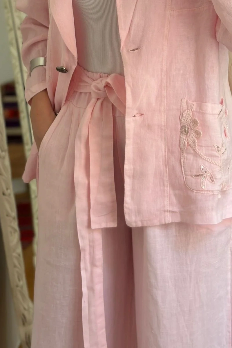 Beli Bağlamalı Keten Pantolon Pembe