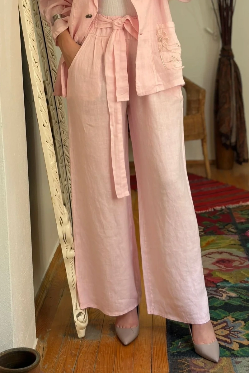 Beli Bağlamalı Keten Pantolon Pembe