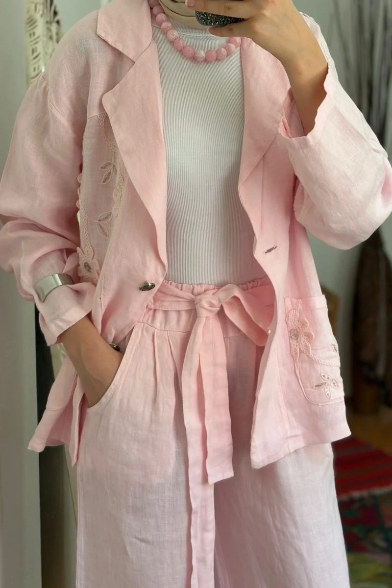 Beli Bağlamalı Keten Pantolon Pembe