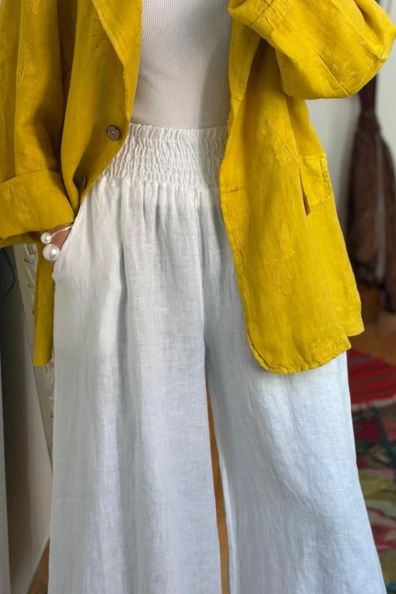 Beli Gipeli Keten Pantolon Beyaz