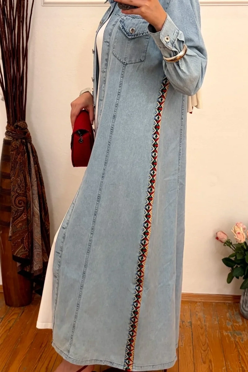 Denim Şeritli Trenç Açık Mavi