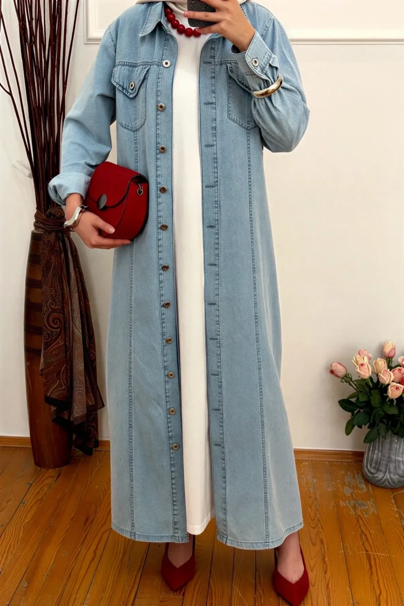 Denim Şeritli Trenç Açık Mavi