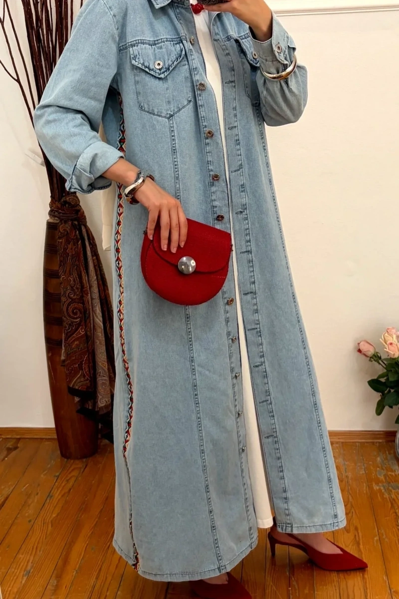 Denim Şeritli Trenç Açık Mavi