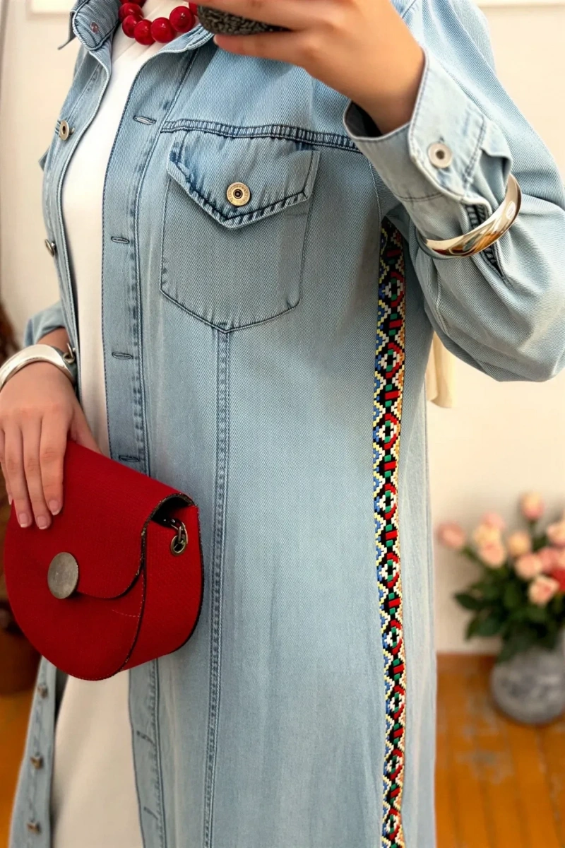 Denim Şeritli Trenç Açık Mavi