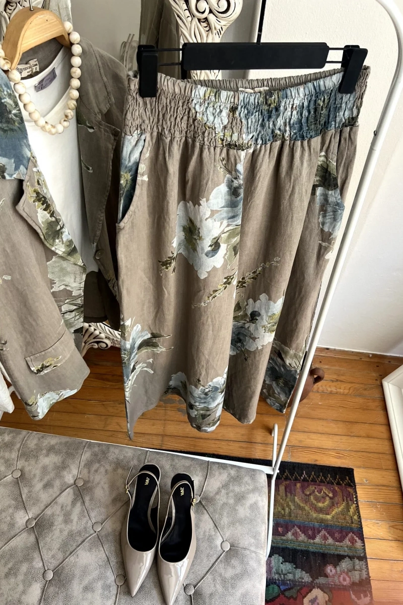 Floral Desen Blazer Takım Füme