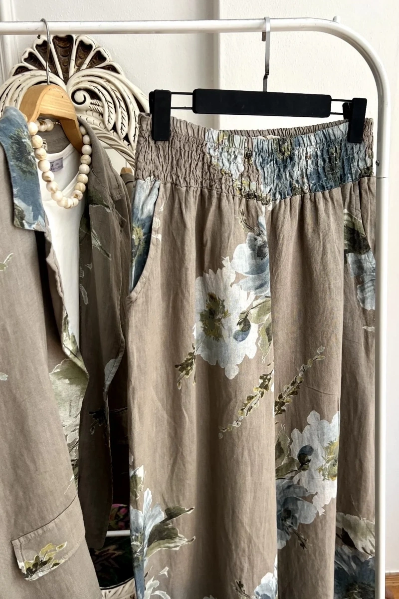 Floral Desen Blazer Takım Füme