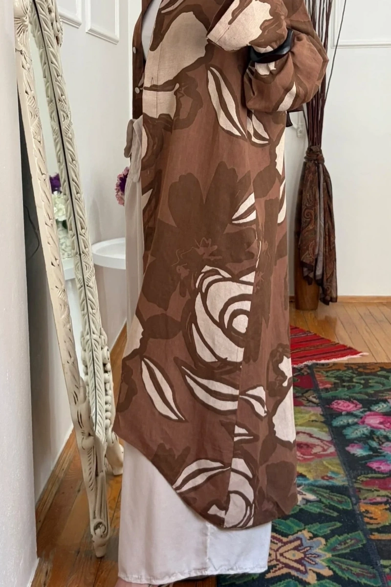 Floral Keten Tunik Kahve
