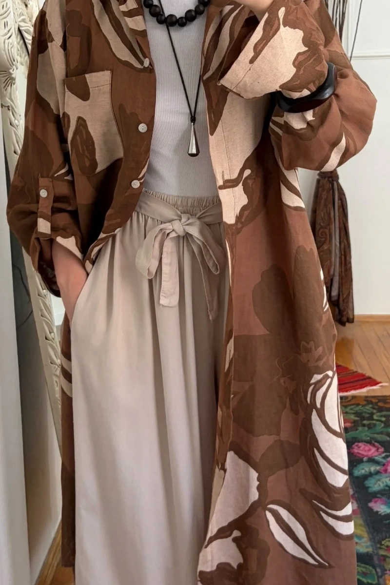 Floral Keten Tunik Kahve