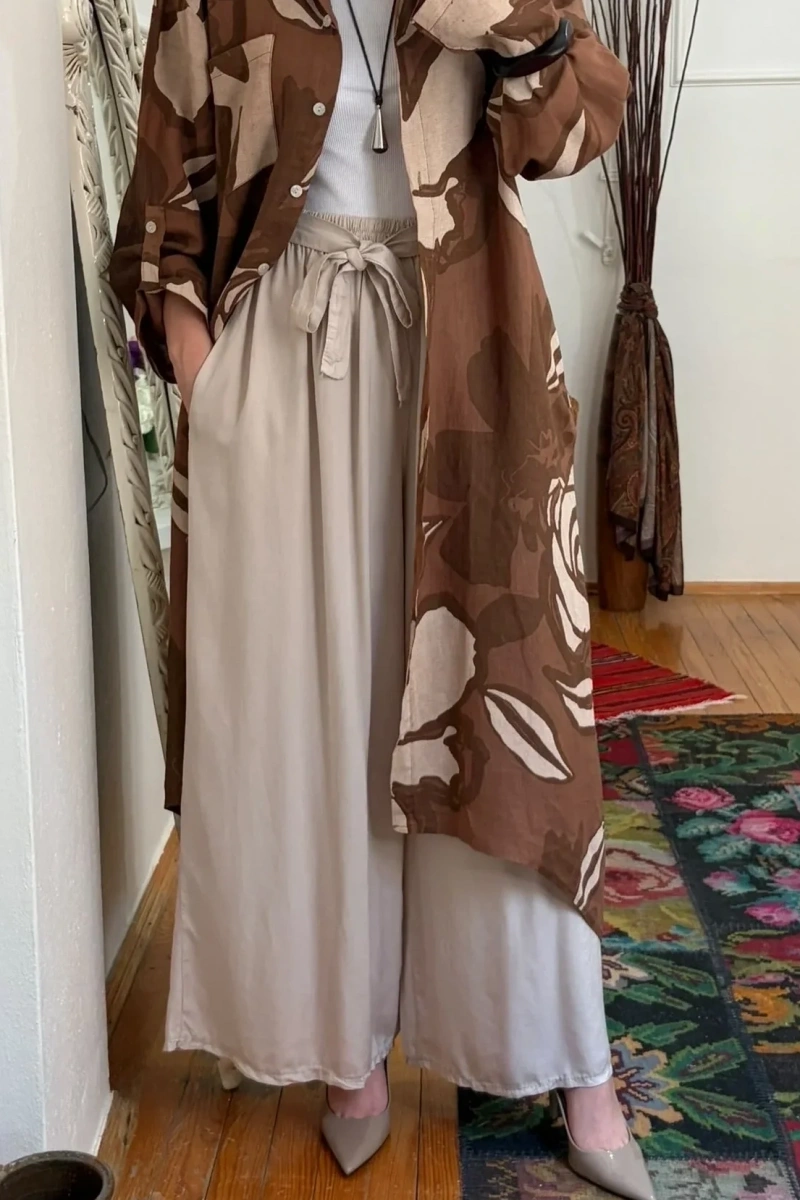Floral Keten Tunik Kahve