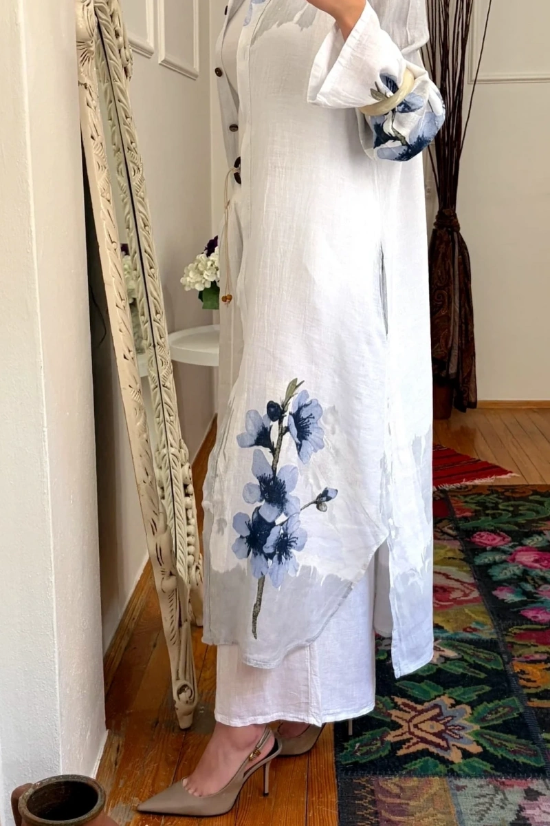 Floral Premium Keten İkili Takım Beyaz