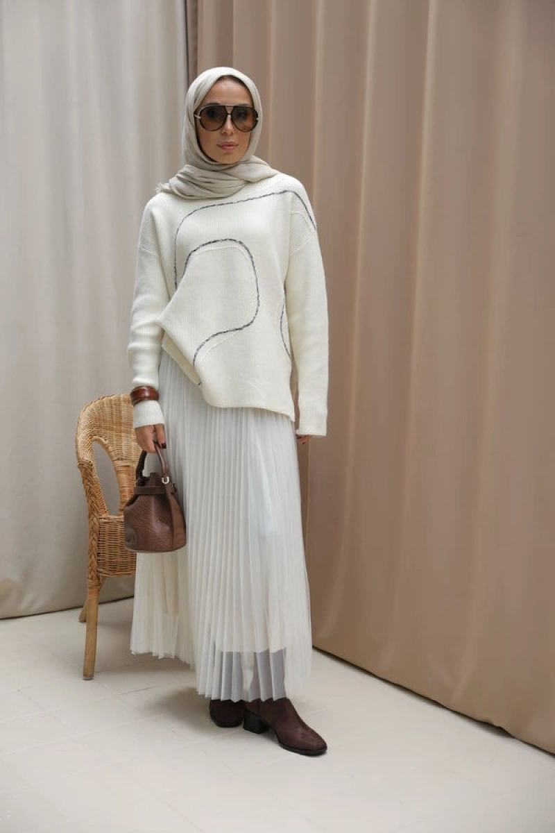 Kadın Asimetrik Dikişli Tüllü Triko Takım-Ekru