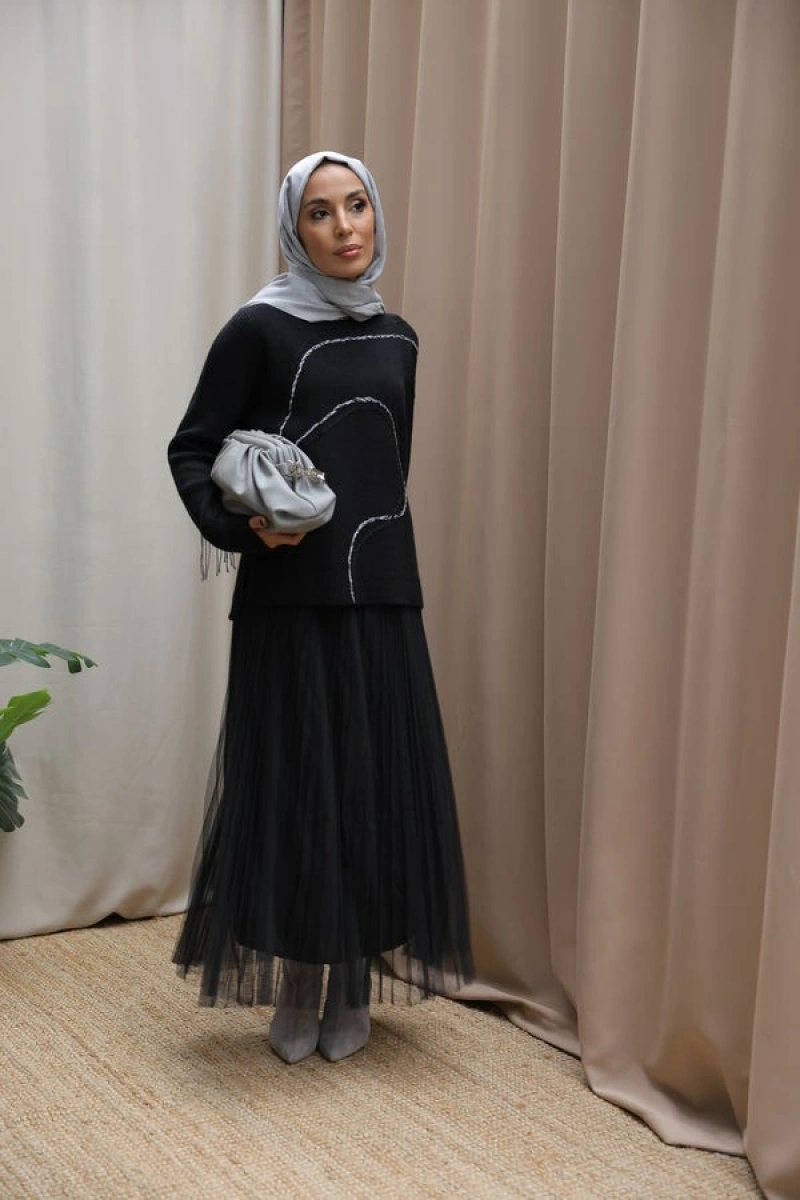 Kadın Asimetrik Dikişli Tüllü Triko Takım-Siyah