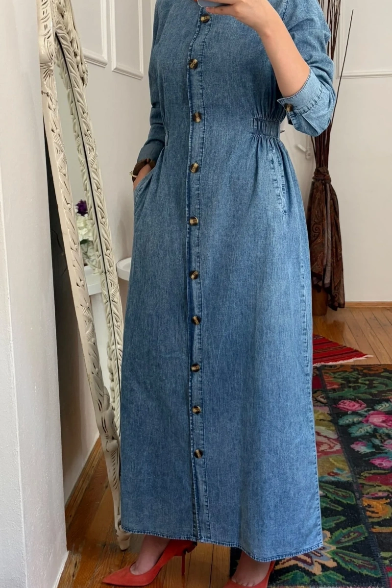 Kadın Beli Lastikli Denim Trençelbise-Açık Mavi