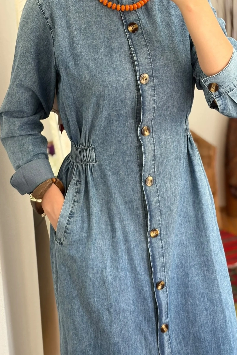 Kadın Beli Lastikli Denim Trençelbise-Açık Mavi