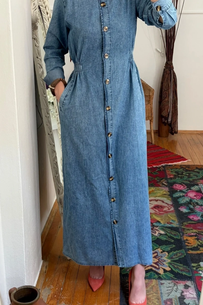 Kadın Beli Lastikli Denim Trençelbise-Açık Mavi