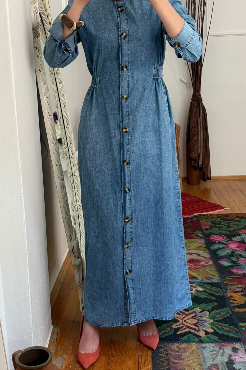 Kadın Beli Lastikli Denim Trençelbise-Açık Mavi