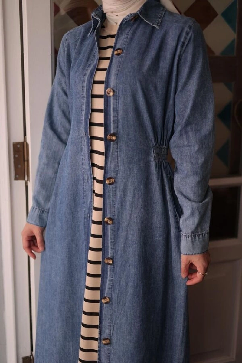 Kadın Beli Lastikli Denim Trençelbise-Açık Mavi