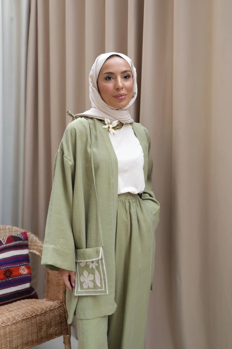 Kadın Çantalı Kimono Takım- Yağ Yeşil