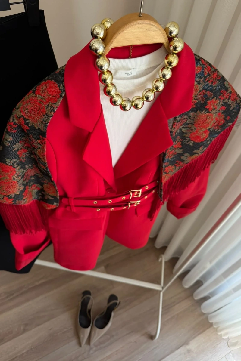 Kadın Çift Kemerli Valentina Kırmızı Blazer