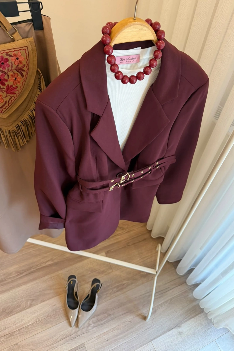 Kadın Çift Kemerli Valentina Mürdüm Blazer