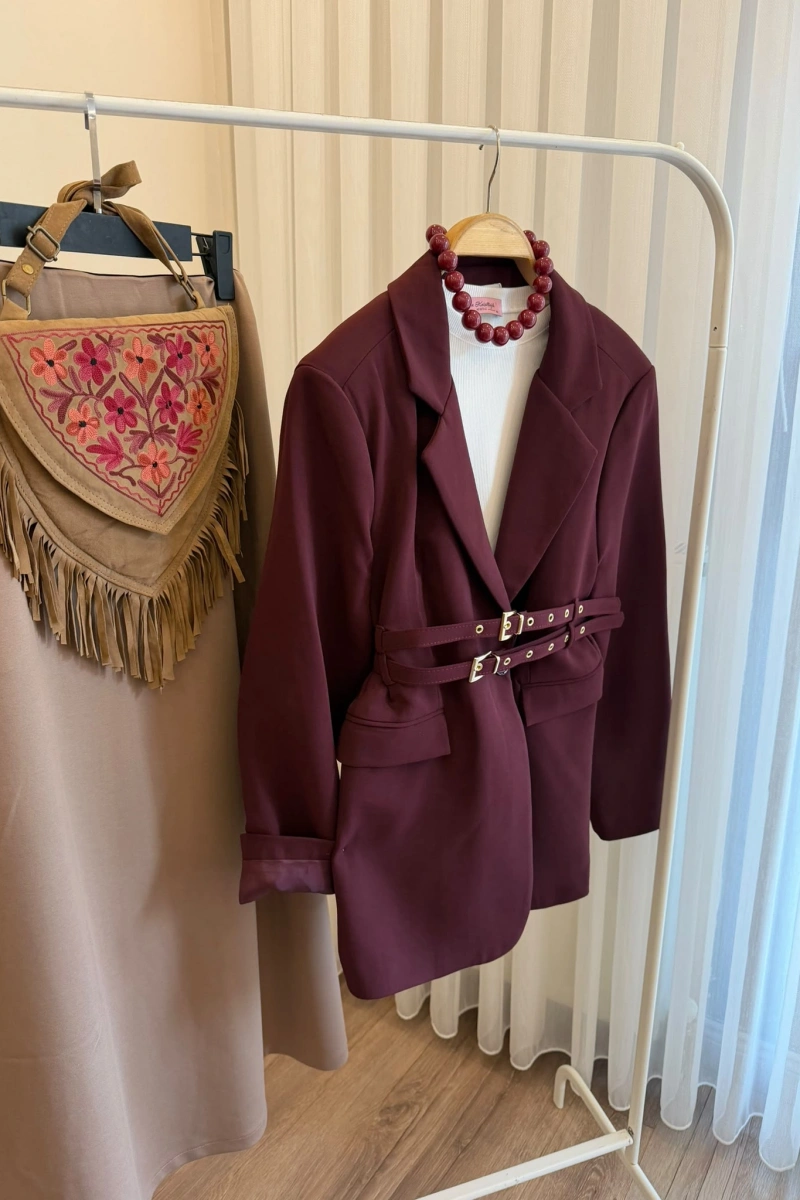 Kadın Çift Kemerli Valentina Mürdüm Blazer
