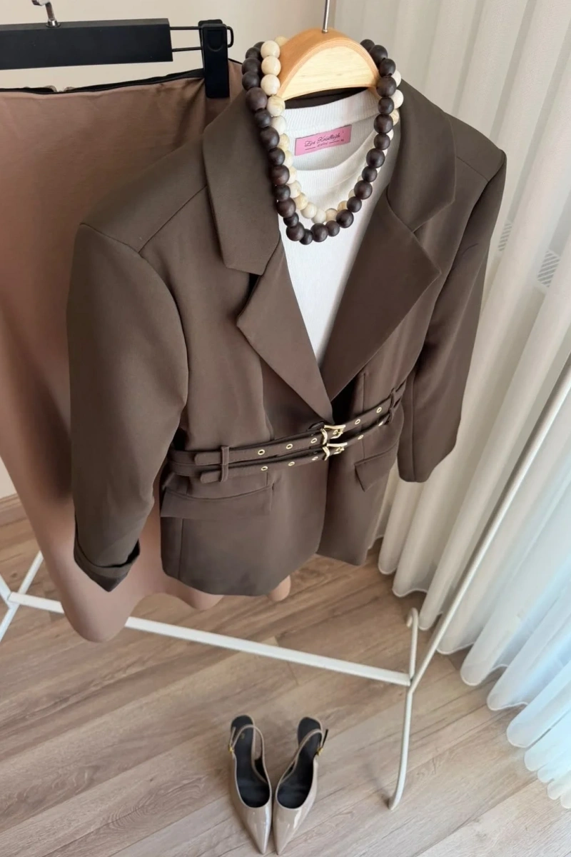 Kadın Çift Kemerli Valentina Taupe Blazer