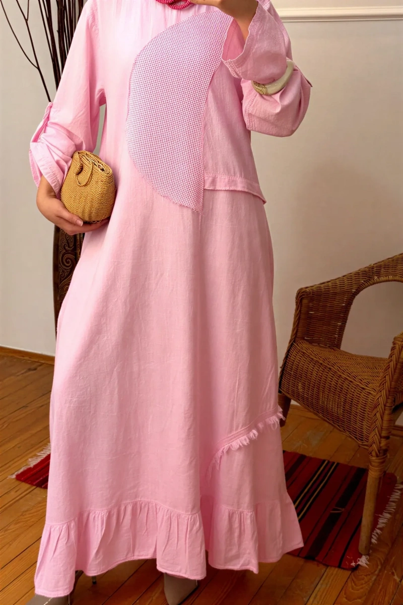 Kadın File Detaylı Pamuk Elbise - Pembe