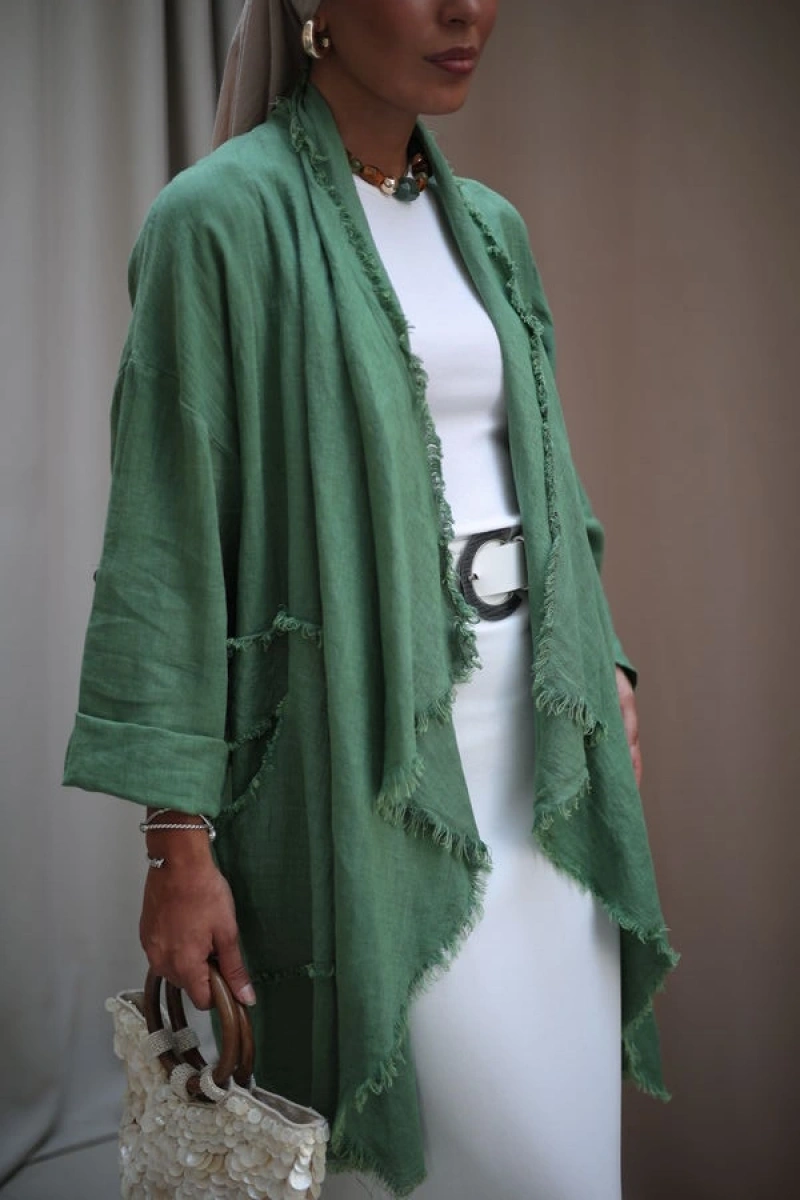 Kadın Keten Püsküllü Kısa Tunik-Fesleğen