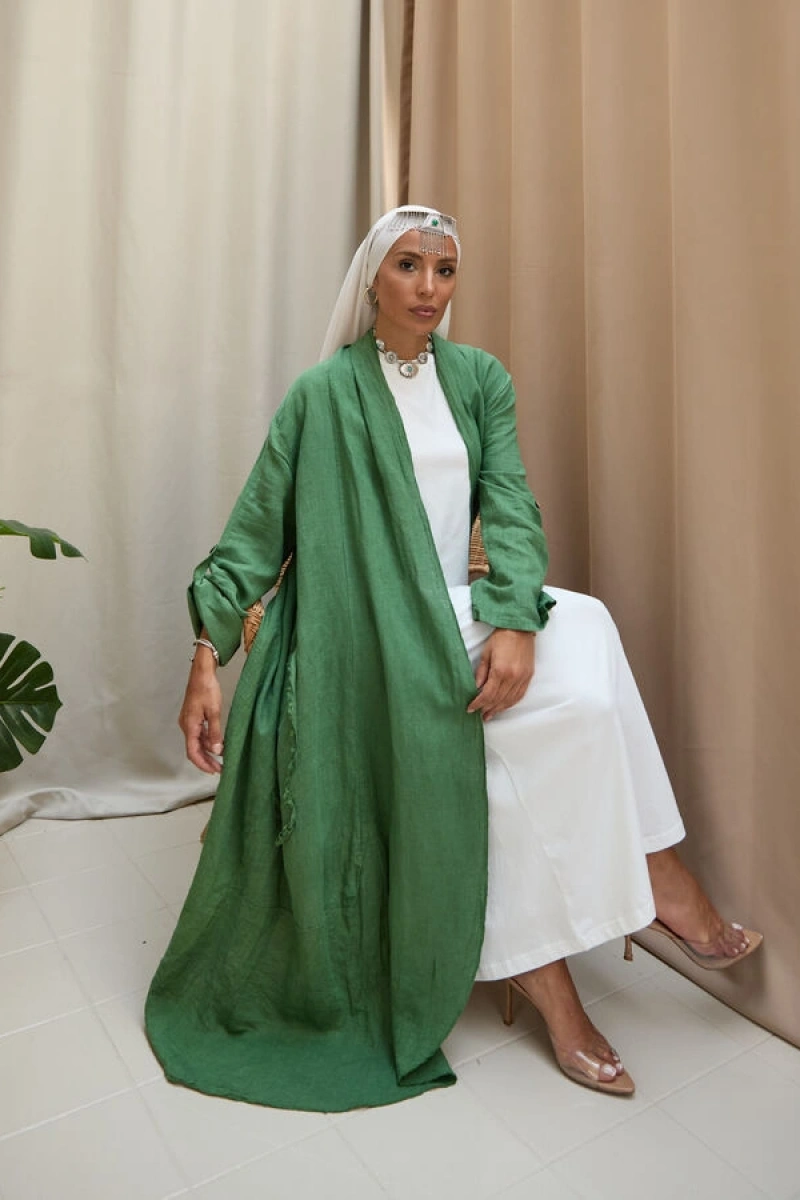 Kadın Keten Püsküllü Uzun Tunik-Fesleğen