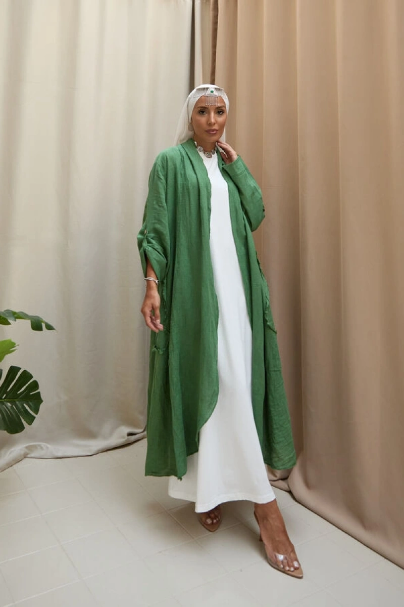 Kadın Keten Püsküllü Uzun Tunik-Fesleğen