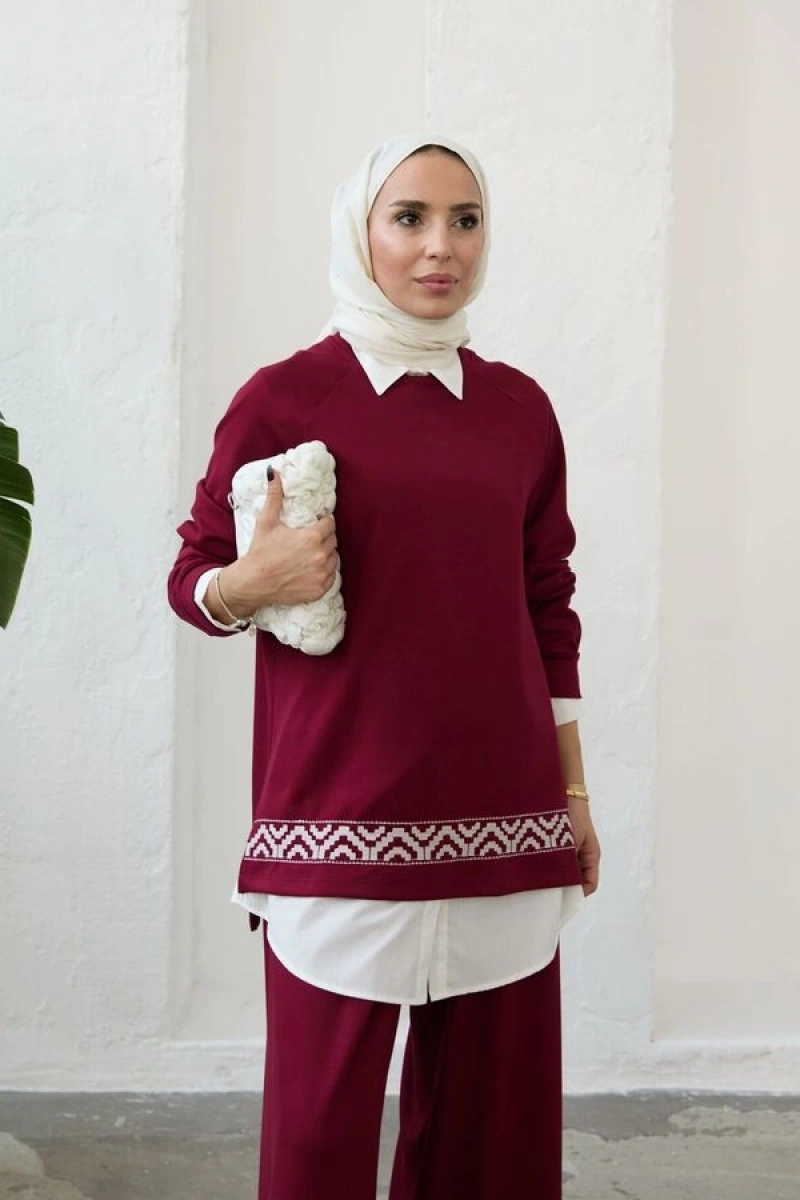 Kadın Modal Nakışlı Takım-Bordo